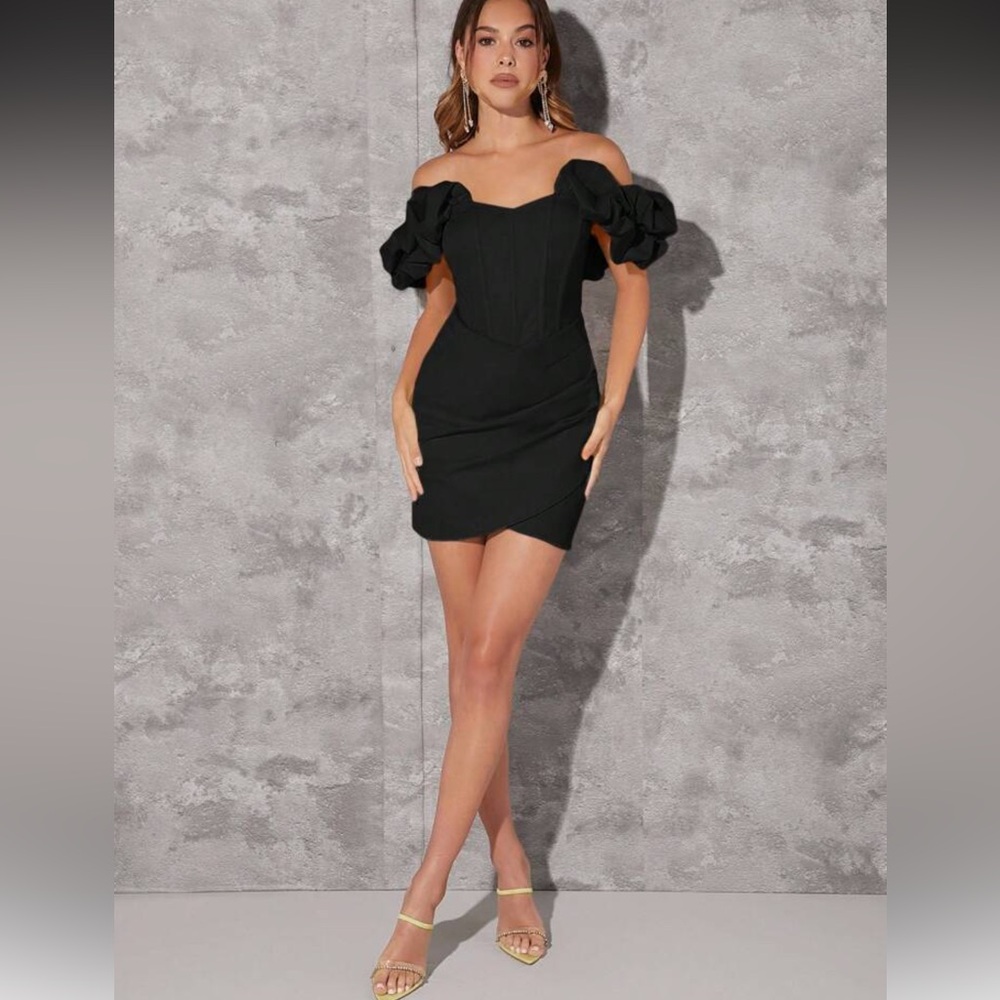 SHEIN L'Amorae Off Shoulder Ruffle Sleeves Wrap Hem Dress